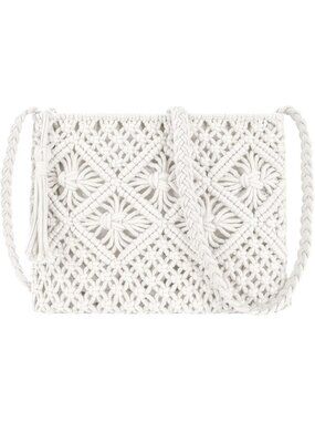 Women's White Crochet Shoulder Bag Handmade Woven Beach with Tassel for Summer